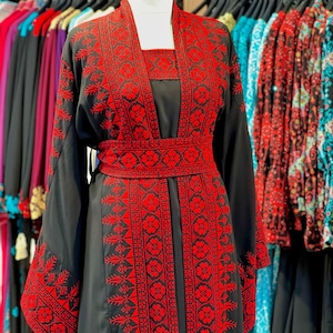 Authentic Palestinian Thobs with Traditional Red Embroidery – Timeless Elegance