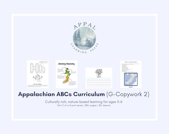 May include: Educational materials for ages 3-6, featuring the text "Appalachian ABCs Curriculum (G-Copywork 2)". The image includes illustrations of the letter "Hh", ginseng anatomy, flowers in a jar, and a map.