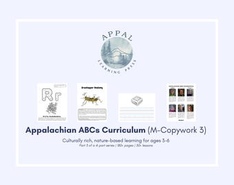 May include: A light blue educational resource with the text "Appalachian ABCs Curriculum (M-Copywork 3)". The image includes sample pages with illustrations and text, including a page with the letter "R" and a drawing of a plant.