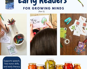 May include: Image features the text "Early Readers for Growing Minds (Part 2)". It also shows children's drawings, crayons, flashcards, and jars of preserved food. A blue jar with a lid and a green frog cutout are also visible.