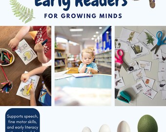 May include: Image promoting early literacy with the text "Early Readers for Growing Minds." It shows children coloring, a child reading, and educational cards. The image also includes various eggs and a duck in flight.