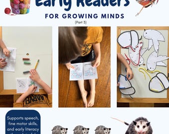 May include: Educational activity set for early readers. The image shows children engaged in activities, including coloring, tracing, and interactive learning. The text reads "Early Readers For Growing Minds (Part 3)" and "Supports speech, fine motor skills, and early literacy through joyful repetition."