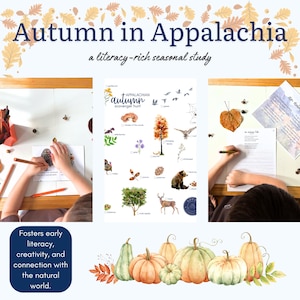 May include: An educational image with the text "Autumn in Appalachia" and "a literacy-rich seasonal study." The image features a scavenger hunt, pumpkins, and children working on activities. The text also says "Fosters early literacy, creativity, and connection with the natural world."