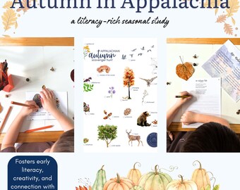 May include: An educational image with the text "Autumn in Appalachia" and "a literacy-rich seasonal study." The image features a scavenger hunt, pumpkins, and children working on activities. The text also says "Fosters early literacy, creativity, and connection with the natural world."