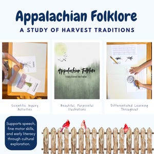 May include: Educational materials titled "Appalachian Folklore" with the subtitle "A Study of Harvest Traditions." The image features illustrations, activities, and text promoting speech, fine motor skills, and early literacy through cultural exploration.