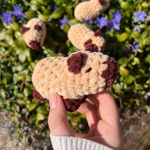 May include: Four crocheted plush toys shaped like guinea pigs. The toys are beige with brown accents and black eyes. The toys are sitting on a bed of green leaves and purple flowers.