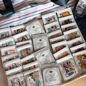 May include: A collection of small, clear plastic pouches containing various character stickers, arranged in rows. Several pouches feature circular white labels with the text "Hope You Have A Magical Cruise" and "The Herron Family Stateroom 6676".