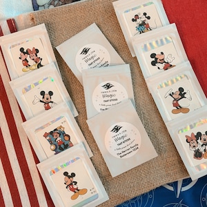 May include: A collection of small white pouches featuring holographic borders and various Mickey and Minnie Mouse character stickers. Several pouches display circular labels with the text Here's A Little Magic THAT STICKS, a little pixie dust from The Herron Family Stateroom 1234.
