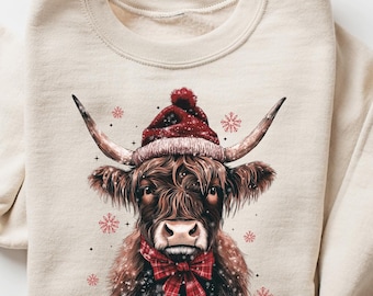 Sudadera navideña con vaca de las tierras altas, suéter navideño con vacas lindas, camiseta navideña de granjero, regalo navideño, sudadera navideña para mujer