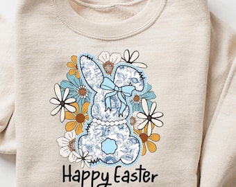 Happy Easter Sweatshirt, Women's Easter T-shirt, Floral Easter Shirt, Easter Vibes Tee, Easter Matching Gift, Coquette Easter Bunny Crewneck
