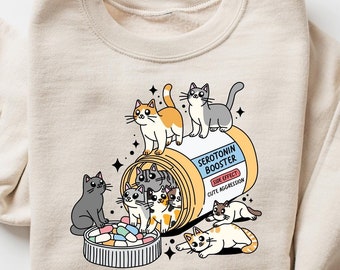 Serotonin Booster Katzen T-Shirt, lustige Grafik-Katzen-Shirts, Katzenbesitzer Geschenk, Katzenmutter Sweatshirt, Preppy Katzenbesitzer Kleidung, Haustier-Liebhaber-T-Shirt