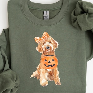 Halloween Golden Doodle Sweatshirt, Halloween Women&#39;s Clothing, Halloween Gifts, Halloween Pumpkin Tshirt, Cute Halloween Dog Sweater