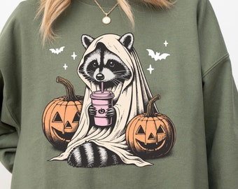 Niedliches Waschbär-Geist-Halloween-Sweatshirt, lustiges Halloween-T-Shirt, gruseliges Geschenk, Waschbär-Halloween-T-Shirt, Kürbis-Herbstpullover