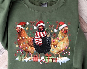 Bluza z motywem świątecznych kurczaków, bluza z motywem świątecznych zwierząt gospodarskich, damski sweter z motywem świątecznych kurczaków, prezent świąteczny, koszulka świąteczna dla miłośników kurczaków