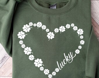 Womens Lucky Heart Sweatshirt, Cute Shamrock T-shirt, St Patricks Day Shirt, Shenanigans Tee, Irish Day Gift, St Paddy's Day Lucky Crewneck