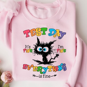 Op de afbeelding: Een lichtroze sweatshirt met de tekst "TEST DAY" in kleurrijke letters. In het midden staat een zwarte cartoonkat met grote blauwe ogen. De tekst "It's fine, I'm fine, Everything is fine" staat ook op de trui.