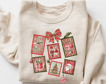 Sudadera con estampados navideños, suéter navideño moderno, cuello redondo con estampados navideños, camisa retro de Papá Noel, camiseta navideña coqueta