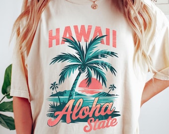 レトロで快適なハワイアンシャツ、アロハステートTシャツ、トレンドのサマーTシャツ、レトロな夏のホリデーギフト、ハワイアンシャツ、ビーチTシャツ、ビーチラバーTシャツ