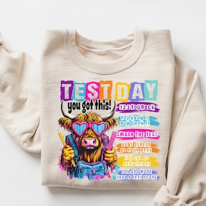 May include: Cream-colored sweatshirt with a colorful graphic that reads "TEST DAY" and "you got this!" A cartoon Highland cow wearing heart-shaped sunglasses and holding a pencil is featured. The sweatshirt also has motivational phrases.