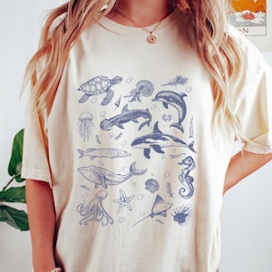 Retro comfort zomer T-shirt, zeedieren shirt, jaren 90 vrouwen sweater, strandvakantie cadeau, Sea Life ronde hals, inspirerend vrouwen T-shirt