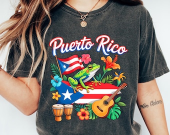 Puerto Rico familjesemestertröja, tropisk groda souvenir-tröja, semesterresa-tröja, Puerto Rico-älskare-present, söt PR-kulturtröja, sommartröja