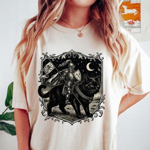 Knight Cat Rider T-shirt, Retro 90s Graphic Tee, Dark Art Shirt, Medieval Shirt, Funny Cat Gift, Meme Shirt, Grimdark Gift, Fairycore Tee