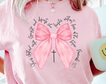 Camisa cristiana retro, camisa con lazo rosa y versículo bíblico, sudadera cristiana coqueta, camisa inspiradora para mujer, sudadera con cuello redondo coqueta para mamá