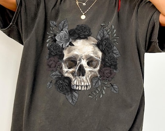 Floral Skeleton Comfort Shirt, Halloween Skull Tshirt, Halloween Spooky Tee, Skull With Flowers Sweatshirt, Halloween Floral Graphic Shirt