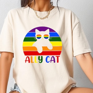 Pride Ally Cat T-shirt, Retro Rainbow Cat Sweatshirt, Cat Ally Shirt, LGBTQ Support Gift, Funny Pride Tee, Love Is Love Crewneck