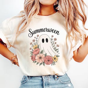 Halloween Summer Shirt, Floral Ghost T Shirt, Summerween Shirt, Comfort Halloween Tshirts, Spooky Season Gift, Halloween Outfits For Women