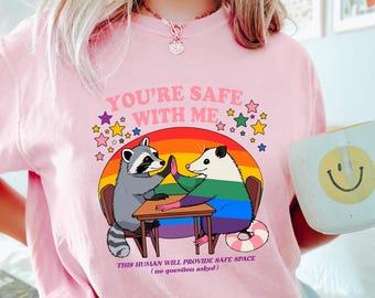 You Are Safe With Me Raccoon T-shirt, LGBTQ Friendly Shirt, LGBTQ Community Gift, Rainbow Pride Gift, Human Rights Tee, Pride Raccoon Shirt