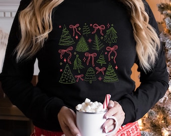 Preppy Christmas Tree Bow Sweatshirt, Christmas Girly Shirt, Cute Christmas Tshirt, Xmas Holiday Gift For Woman, Coquette Christmas Tree Tee