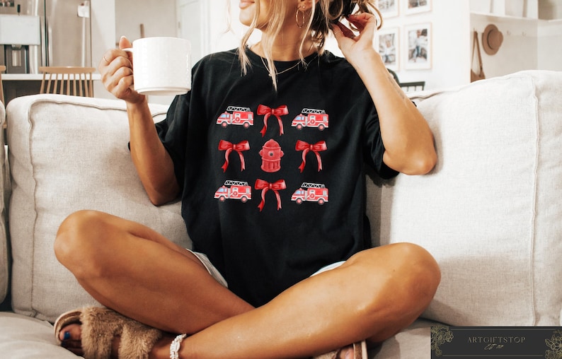 Coquette Firefighter T-shirt, Retro Comfort Firefighter Shirt, Cute Firefighter Sweatshirt, Firefighter Wife Gift, Women's Firefighter Tee image 3