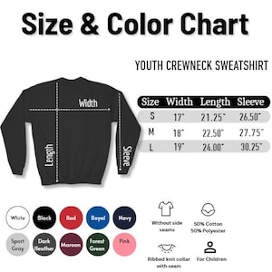 Op de afbeelding: Maat- en kleurentabel voor een Youth Crewneck Sweatshirt. De tabel toont de afmetingen voor de maten S, M en L, inclusief breedte, lengte en mouwlengte in inches. Kleuropties zijn wit, zwart, rood, koninklijk, marine, sportgrijs, donkergrijs, enz.