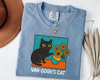 Camiseta de gato Van Gogh Comfort Colors®, camiseta de gato con iris de Van Gogh, camiseta de gato negro, top divertido para gatos, regalo para dueños de gatos, ropa de gatito con arte sarcástico
