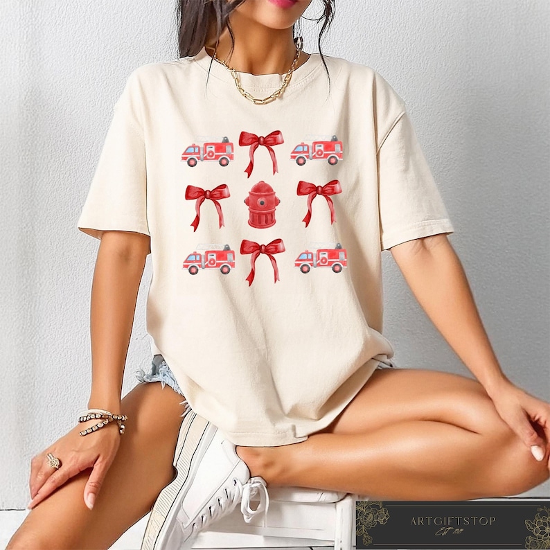 Coquette Firefighter T-shirt, Retro Comfort Firefighter Shirt, Cute Firefighter Sweatshirt, Firefighter Wife Gift, Women's Firefighter Tee image 1