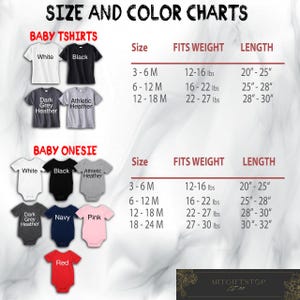 Op de afbeelding: Maat- en kleurentabel voor baby-T-shirts en rompers. De T-shirts zijn verkrijgbaar in wit, zwart, donkergrijs heather en athletic heather. Rompers zijn verkrijgbaar in wit, zwart, athletic heather, donkergrijs heather, marine, roze en rood.