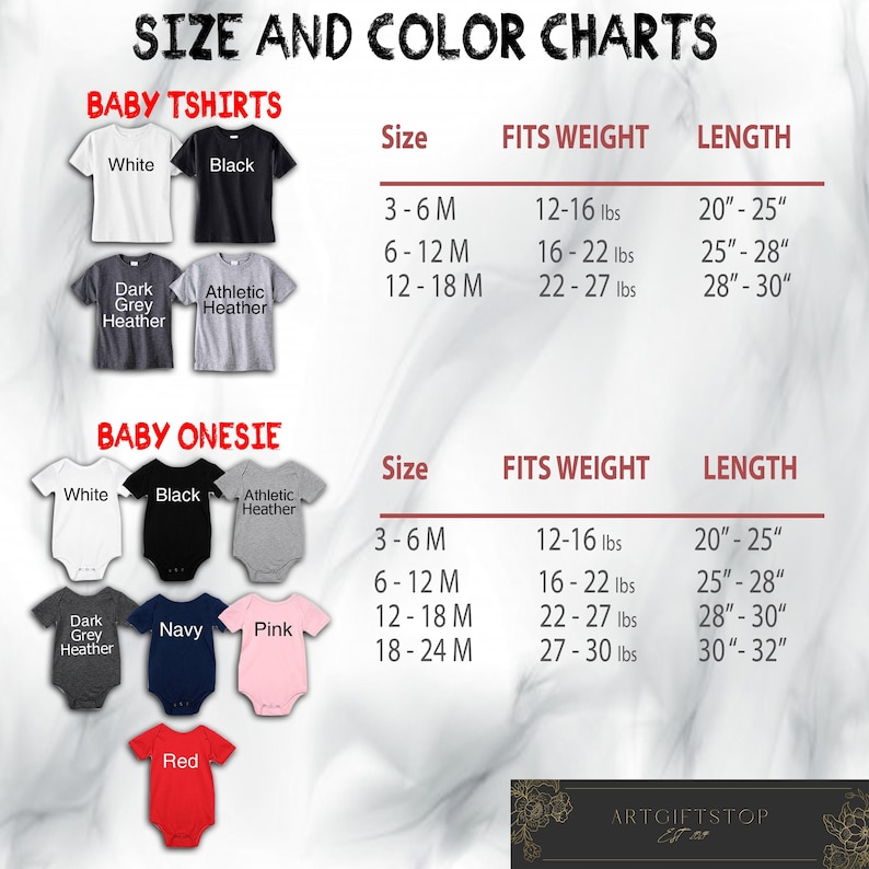 Op de afbeelding: Maat- en kleurentabel voor baby-T-shirts en rompers. De T-shirts zijn verkrijgbaar in wit, zwart, donkergrijs heather en athletic heather. Rompers zijn verkrijgbaar in wit, zwart, athletic heather, donkergrijs heather, marine, roze en rood.