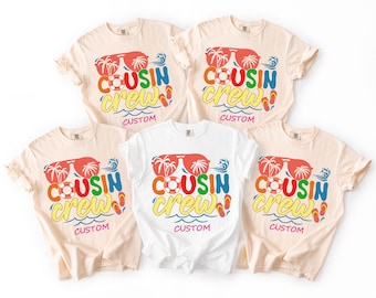 Comfort Colors® Cousin Crew zomershirts voor kinderen en volwassenen, neon strandvakantie top, preppy gestreept T-shirt, gepersonaliseerd zomertrip T-shirt