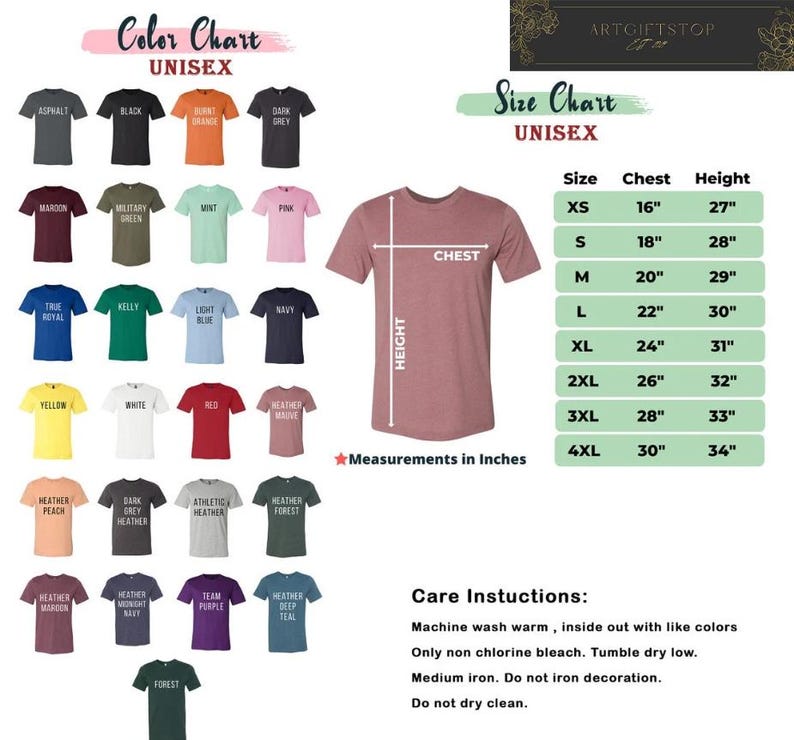 Op de afbeelding: Een kleurenkaart en maattabel voor unisex t-shirts. De kleurenkaart toont verschillende t-shirtkleuren, waaronder zwart, wit en blauw. De maattabel toont borst- en hoogtematen in inches, vari&euml;rend van XS tot 4XL. Onderhoudsinstructies zijn ook inbegrepen.