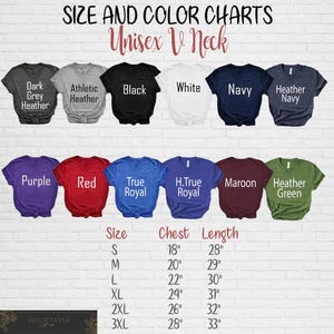 May include: Unisex V-neck t-shirt size chart with color options.  The chart shows the chest and length measurements in inches for sizes S, M, L, XL, 2XL, and 3XL.  The color options include Dark Grey Heather, Athletic Heather, Black, White, Navy, Heather Navy, Purple, Red, True Royal, H.True Royal, Maroon, and Heather Green.