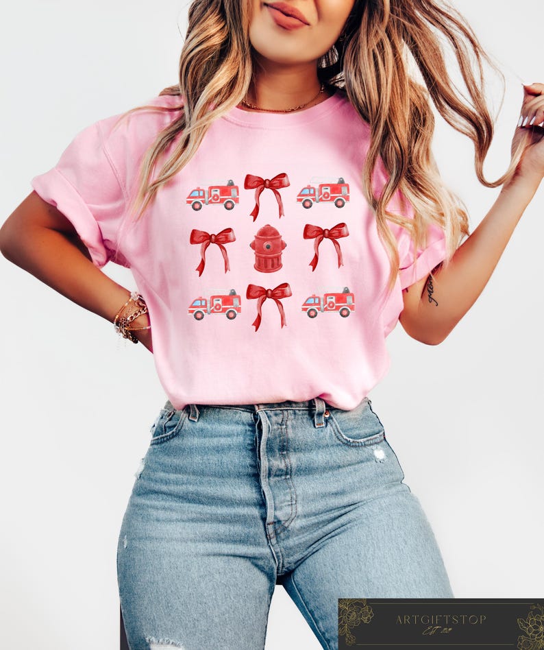 Coquette Firefighter T-shirt, Retro Comfort Firefighter Shirt, Cute Firefighter Sweatshirt, Firefighter Wife Gift, Women's Firefighter Tee image 2