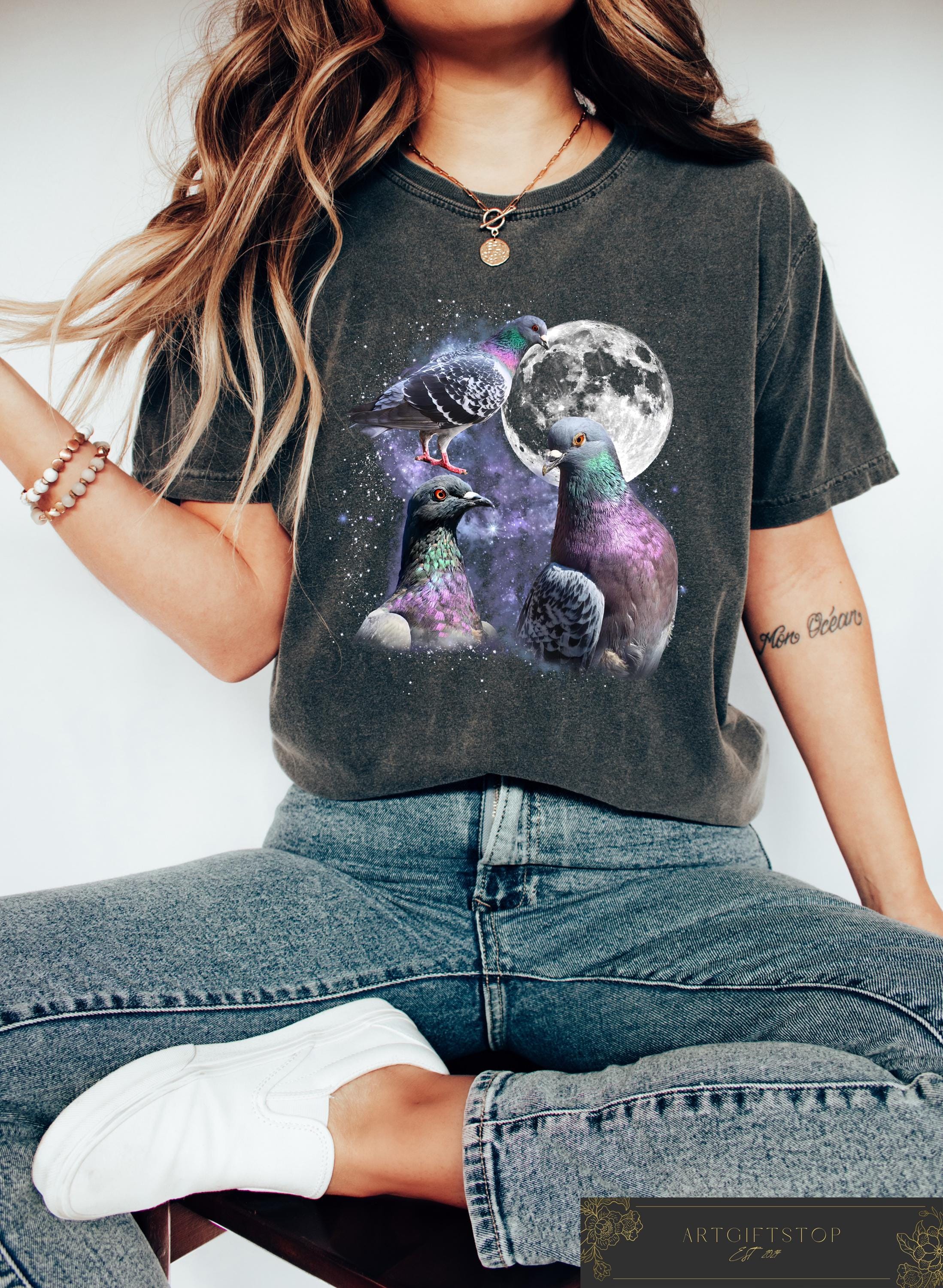 Three Pigeon Retro Graphic T-shirts, Pigeon Moon Shirt, Pigeon Lovers Gift, Funny Pigeon Tee, Oversized Bird Tee, Silly Gift, Pigeons Shirt