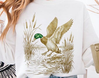 Suéter vintage de pato silvestre, jersey para amantes de los ánades reales, cuello redondo bohemio rústico de cabaña, camisa de naturaleza de los 90