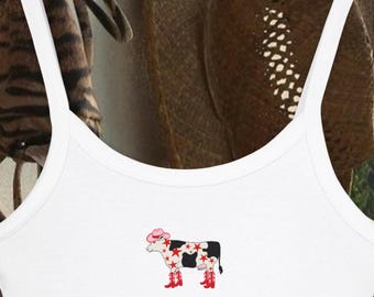 Funky Cowboy Cow Spaghetti Strap Tank Top, Micro Rib Scoop Neck Tank Top