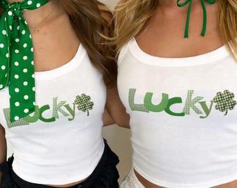 Canotta con spalline e design a trifoglio Lucky Girl, abito per San Patrizio, canotta corta con bikini a trifoglio