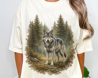 T-shirt Majestic Wolf Wilderness Comfort Kleuren, Rustiek Bos Natuur Design T-shirt, Vintage Stijl Cabine Outdoorshirt