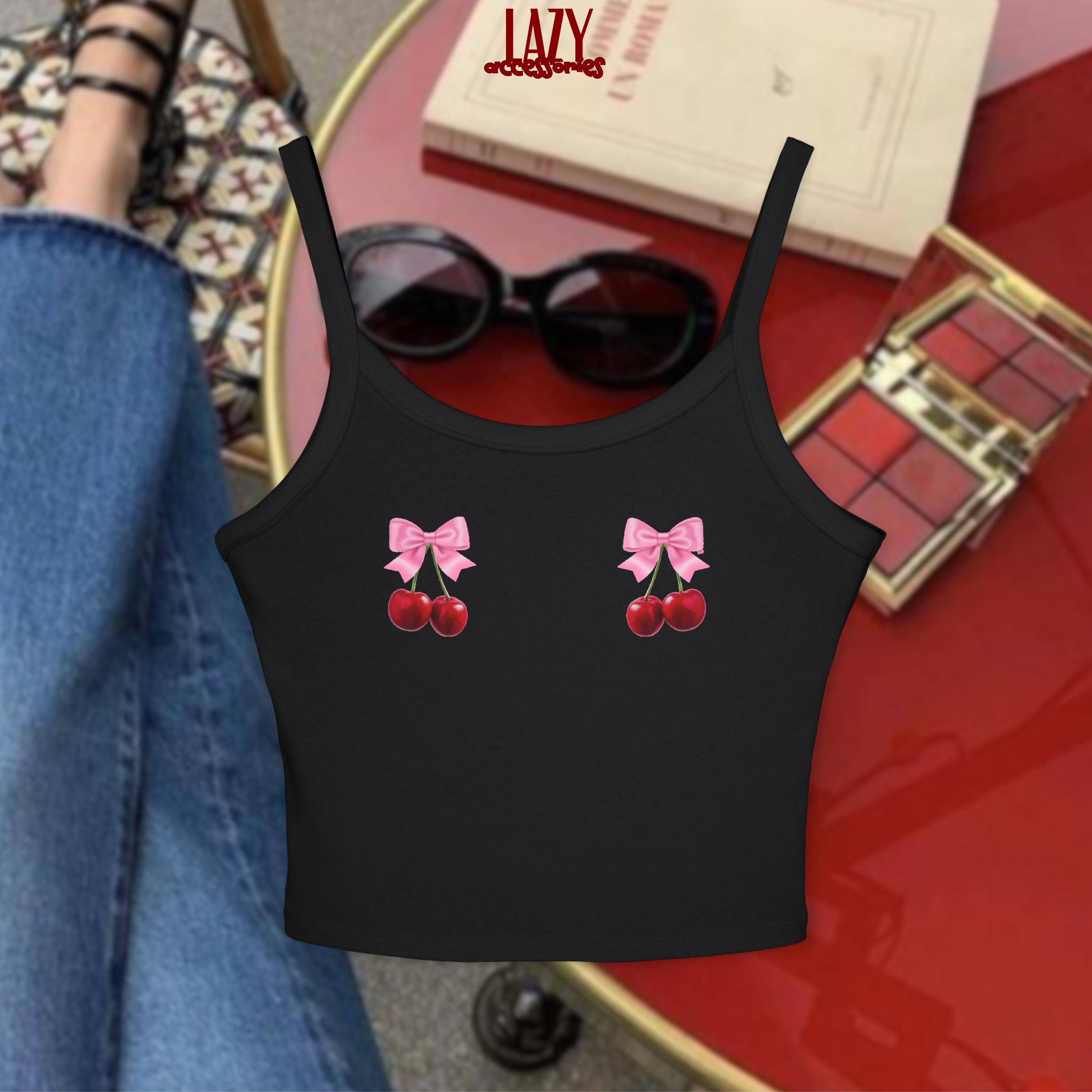 Cherries With Bows Spaghetti Strap Tank Top, Cherry Bow Crop Tank