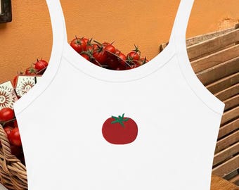 Besticktes Tomate Micro Rib Tank Top, Y2K Crop Top