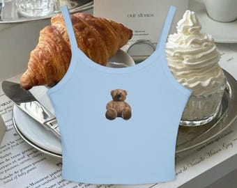 Teddy Bear Spaghetti Strap Tank Top, Micro Rib Scoop Neck Tank Top